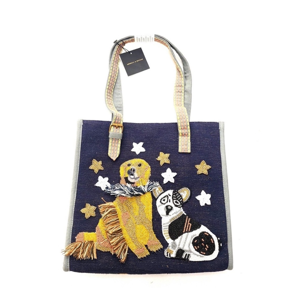 America & Beyond Chic Embroidered Dog Tote - Navy and Mustard